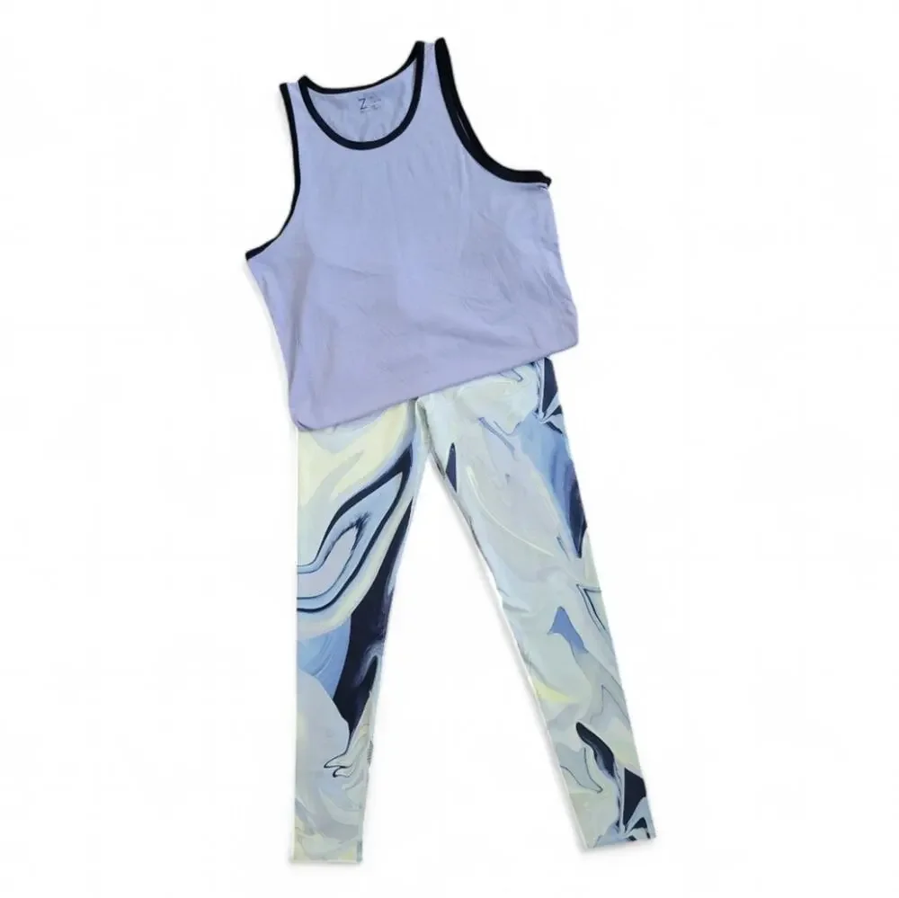 Zella Girls Marble Print Leggings and Purple Top Outfit Size XL 14/16